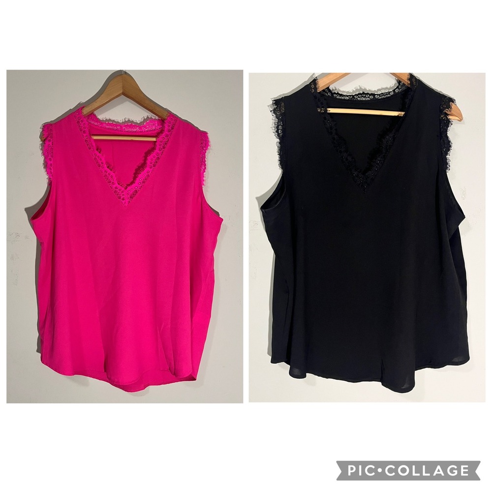 Lace Trim V-Neck Blouse Tank Top Set Pink Black 2XL Eyelash Lace